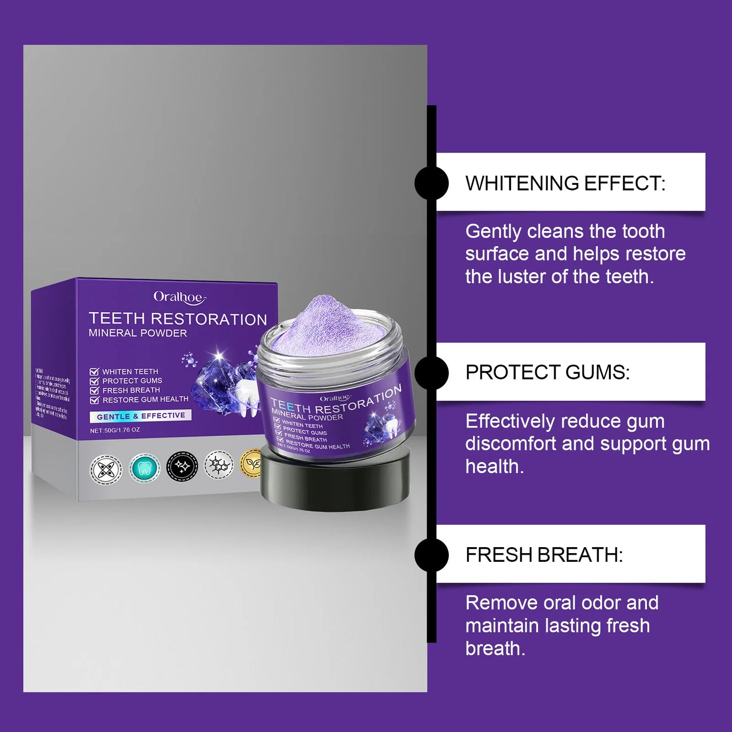 Purple Teeth Whitening Mineral Powder – Teeth Restoration, Stain Removal & Fresh Breath Oral Cleanser