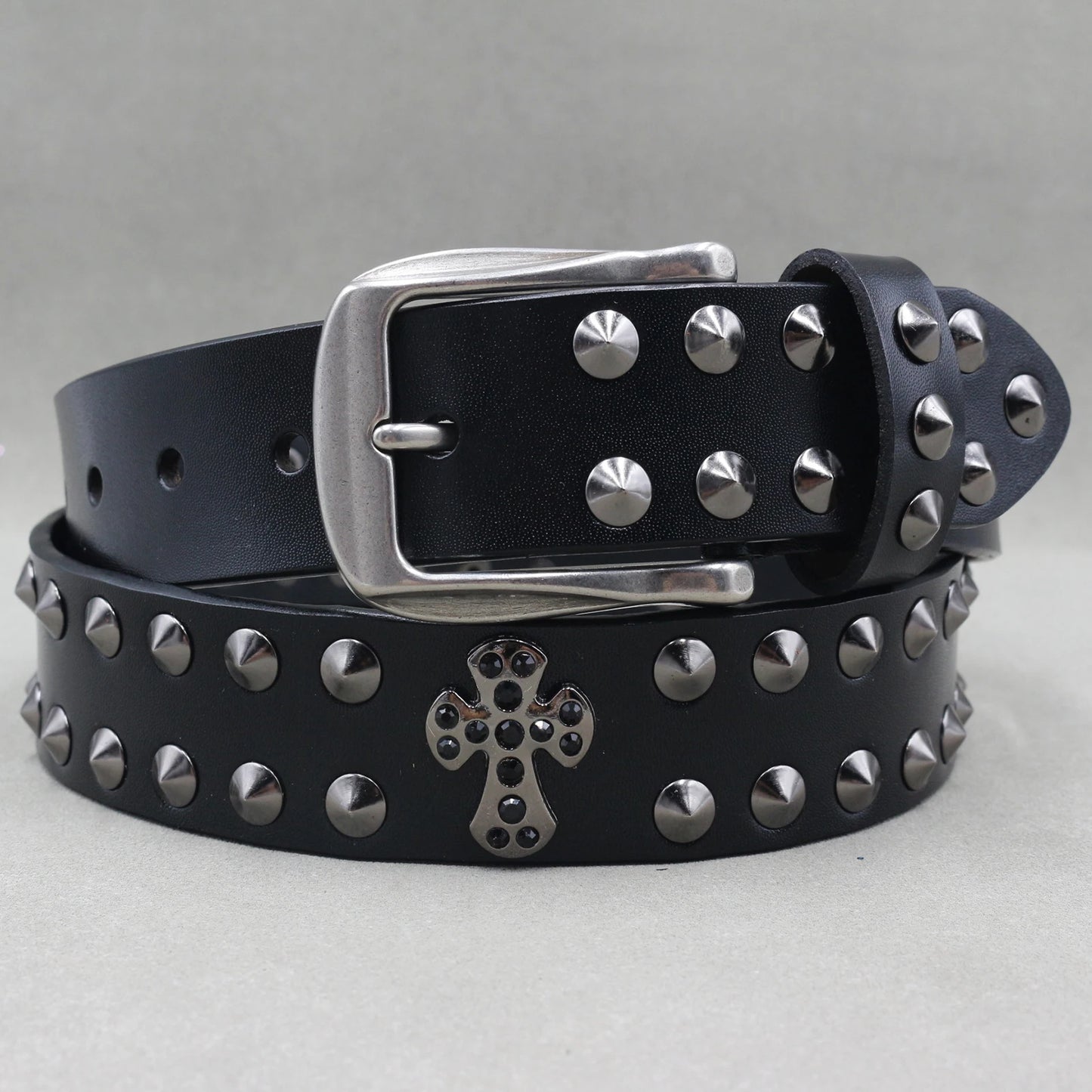 Men’s Designer Rivet Belt – Genuine Cowhide Leather Punk Rock Pin Belt for Jeans, Luxury Black Leather Belt