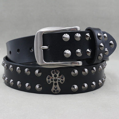 Men’s Designer Rivet Belt – Genuine Cowhide Leather Punk Rock Pin Belt for Jeans, Luxury Black Leather Belt