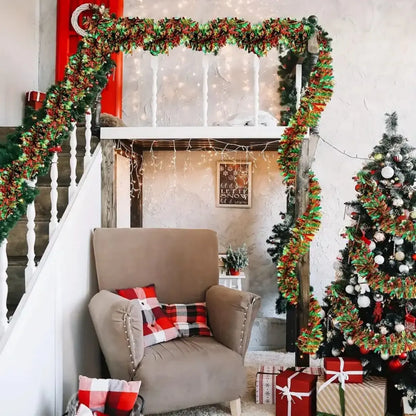 Christmas Tinsel Garland with LED Lights – Shiny Thick Garland for Tree & Home Decor