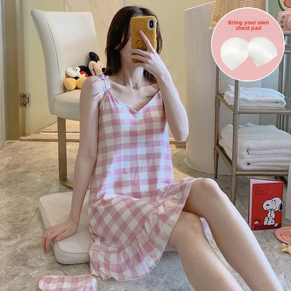 Women’s Cartoon Animal Pajama Set - Cute Loose Sling Nightgown with Bra Pad & Free Eye Mask for Sleepwear