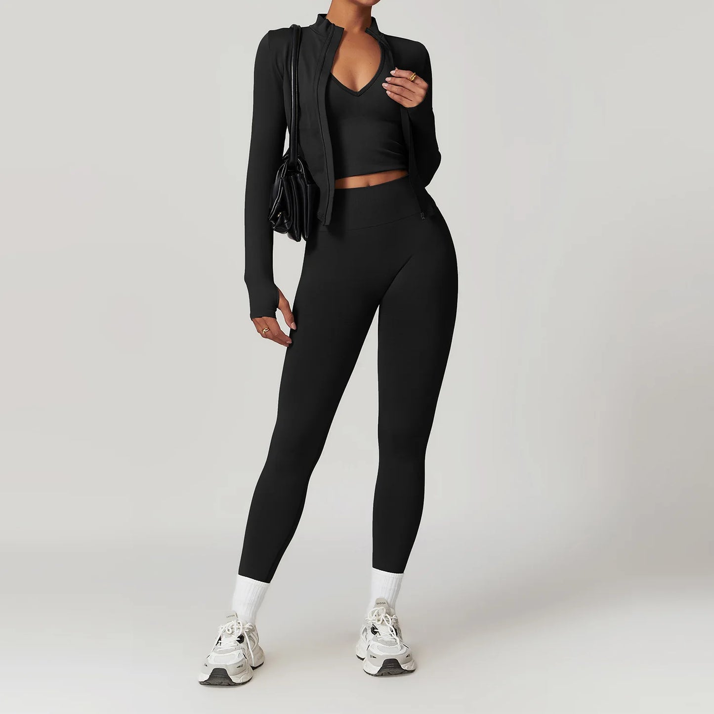 Women’s Seamless 2/3 Piece Yoga Set – Fitness Workout Sportswear with Leggings, Sports Bra & Long Sleeve Gym Outfit