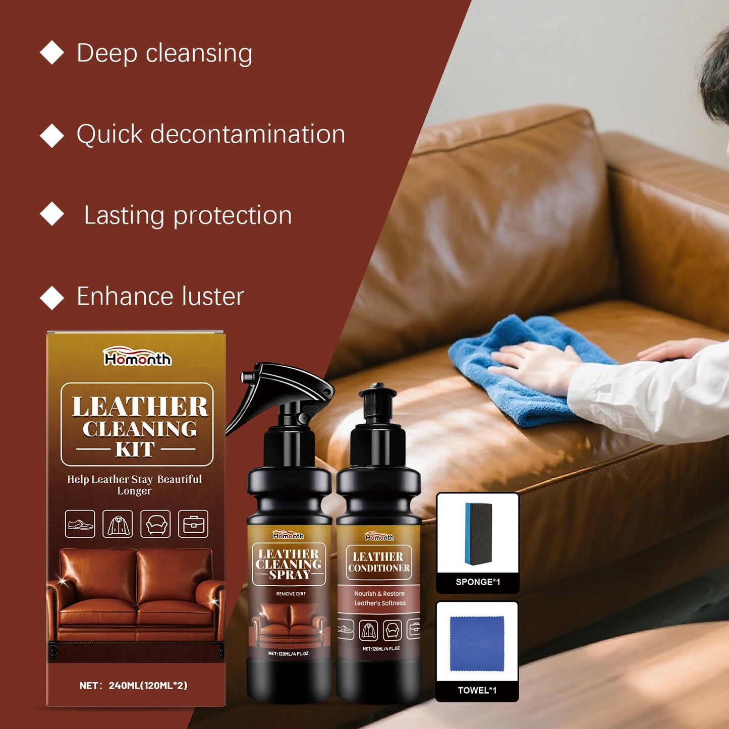 Leather Cleaner & Conditioner Kit - Deep Nourishing Spray Cream for Restoring Softness, Shine & Preventing Cracks