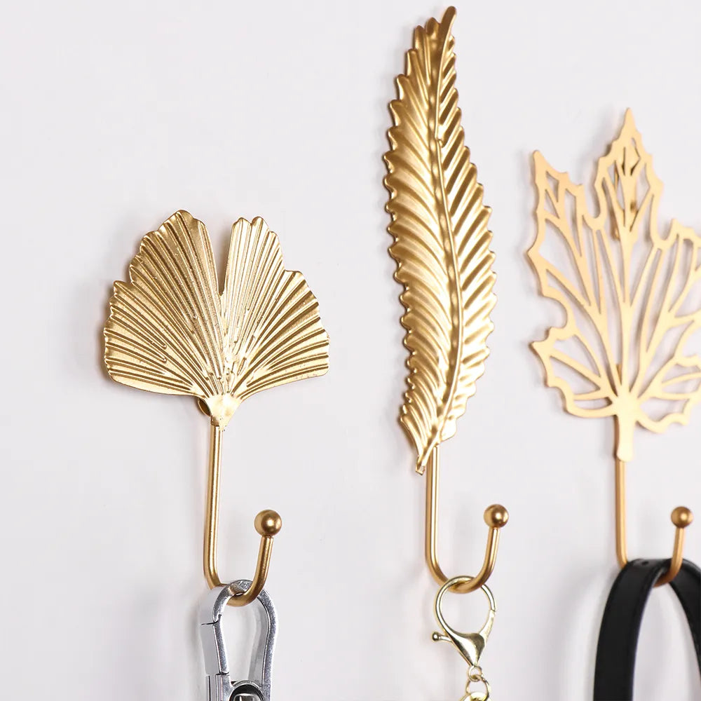 Nordic Style Gold/Green Leaf Shape Wrought Iron Hook Wall Hanger - Towel Clothes Storage Rack for Home Organization