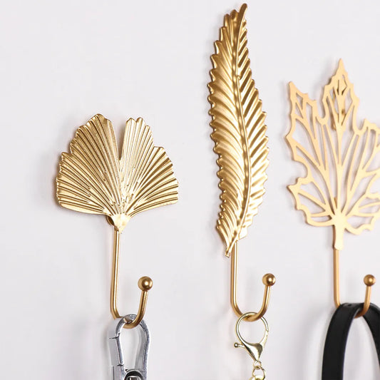 Nordic Style Gold/Green Leaf Shape Wrought Iron Hook Wall Hanger - Towel Clothes Storage Rack for Home Organization