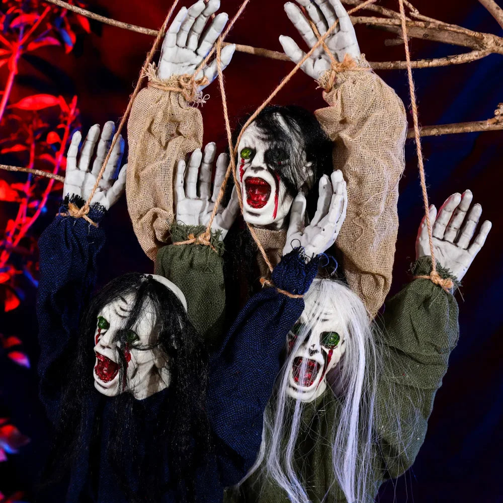 Halloween Hanging Ghost Decoration — Movable Skeleton Horror Prop with Long Hair for Haunted House and Bar 2025