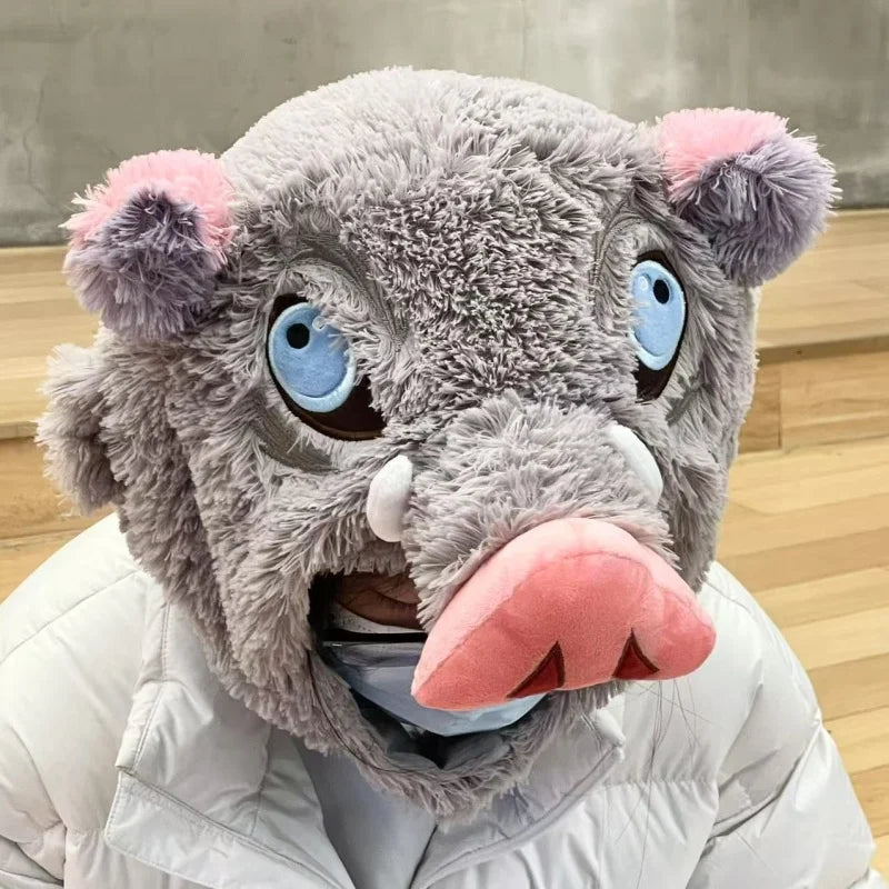 Cosplay Wild Boar Head Plush Hat – Hashibira Inosuke Anime Plush Headgear for Boys & Fans