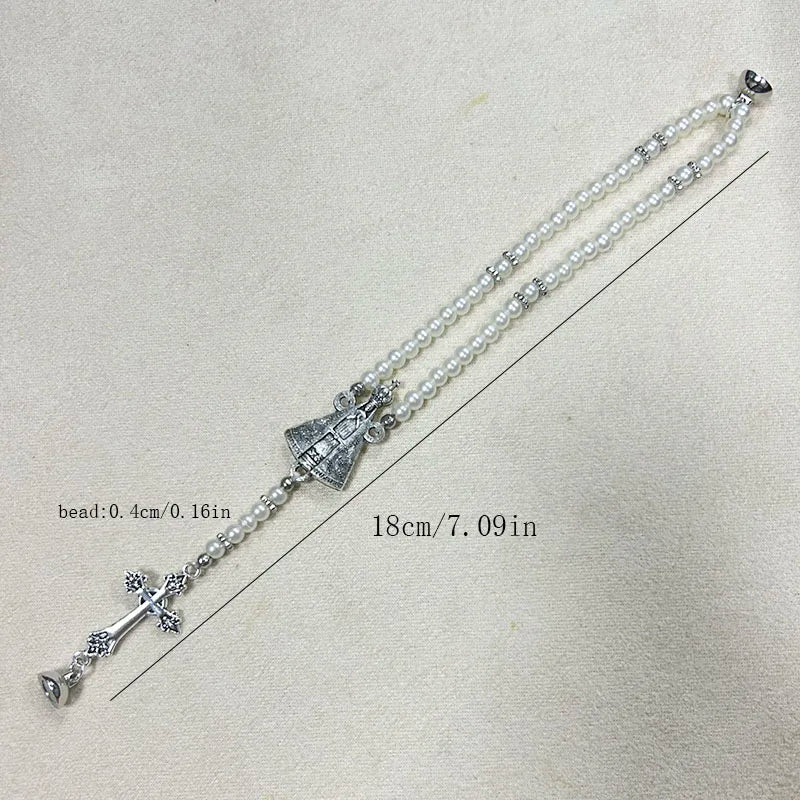 Vintage Virgin Mary Rosary Bracelet – Imitation Pearl Beaded Magnetic Our Lady of Aparecida Cross Prayer Jewelry Gift for Women & Faith Wear