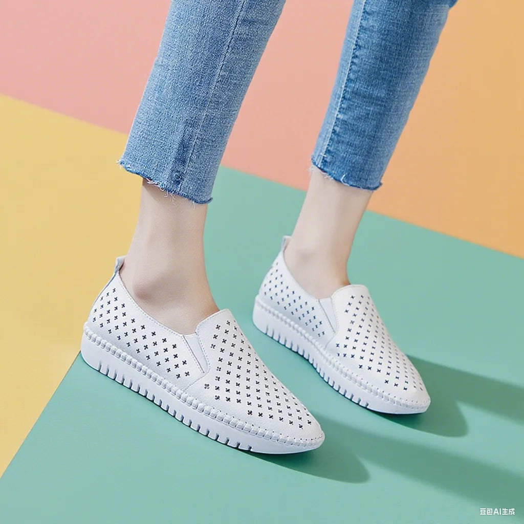 Women’s Genuine Leather Casual Flats - Hollow Lace-Up Loafers & Lightweight Boat Shoes
