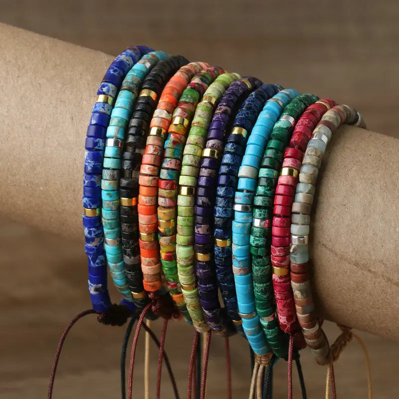 Natural Blue Emperor Stone Beaded Bracelet – Polished Block Beads, Adjustable Woven Rope Women’s Gift Jewelry