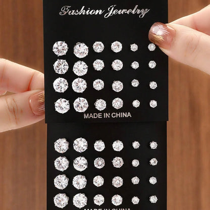 12 Pairs Luxurious Zirconia Earrings Set – Shiny Elegant Simple Stud Jewelry Gift for Parties, Couples & Daily Wear