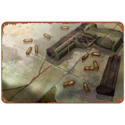 Pistol Metal Wall Sign - Military Style Decoration for Man Cave Home Cafe Bar Garden