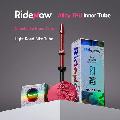 RideNow Metal Nozzle TPU Inner Tube – Removable Valve Cores, External Thread, 700C x 18-32C/32-47C Road Bike & Gravel Presta Valve