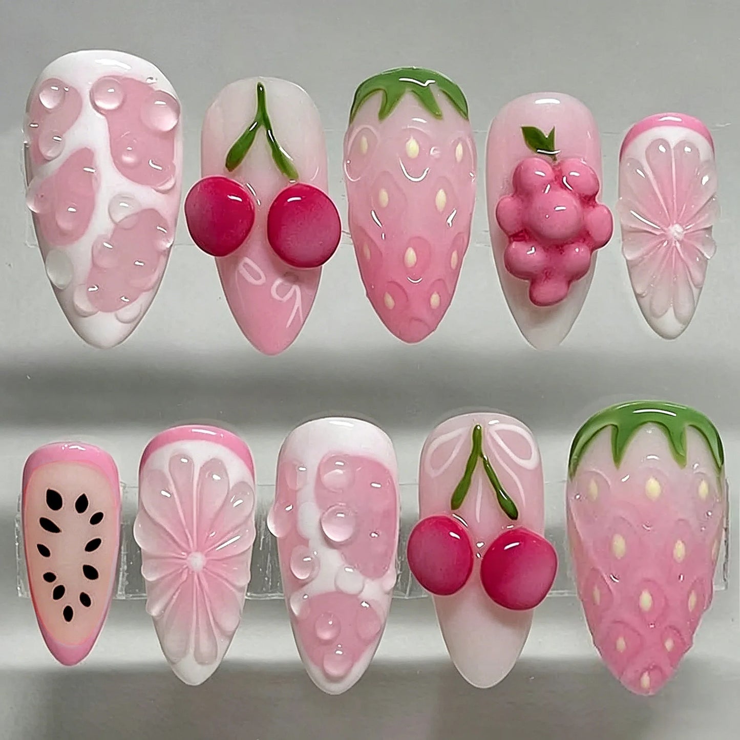 24PCS Strawberry Bow Press On Nails - Red Short Almond Pearl Starlight Floral False Nail Art Tips