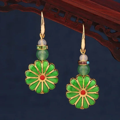 Vintage Flower Drop Earrings - Natural Stone Ethnic Jewelry for Women
