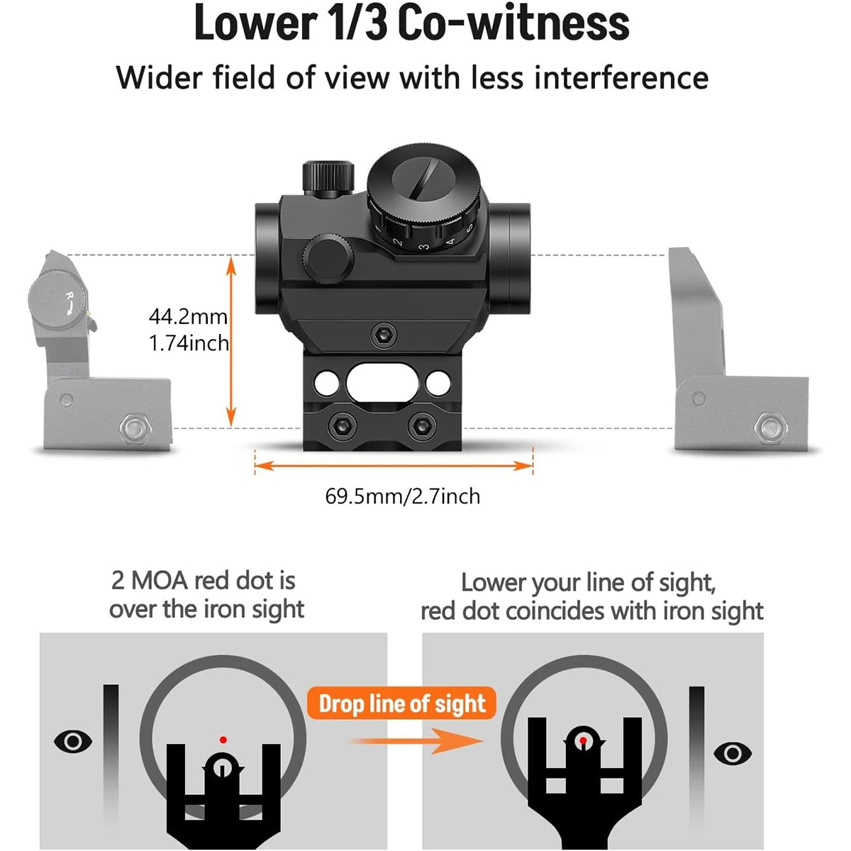 2MOA Red Dot Sight 1x25mm Reflex Scope – Waterproof, Shockproof, Fog-Proof with 1-Inch Riser Mount for Rifles