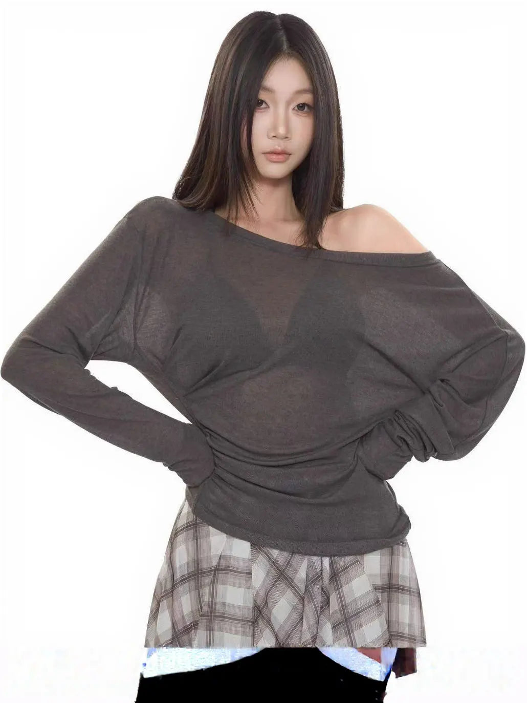 Women's Oversize See-Through Long Sleeve T-Shirt – Sexy Off-Shoulder Back Bandage Korean Chic Top