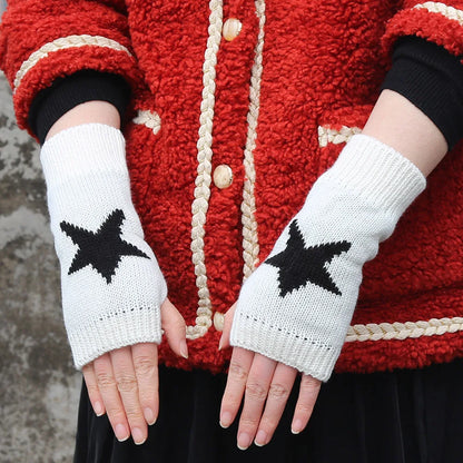 Women’s Knitted Fingerless Half Gloves – Warm Black & White Arm Sleeve Mittens for Autumn Winter Fashion Casual Wear Accessories