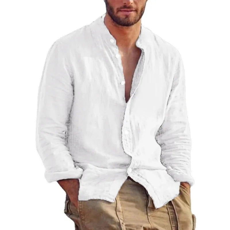 Men's Linen Stand Collar Shirt - Lightweight Breathable Long Sleeve Casual Shirt