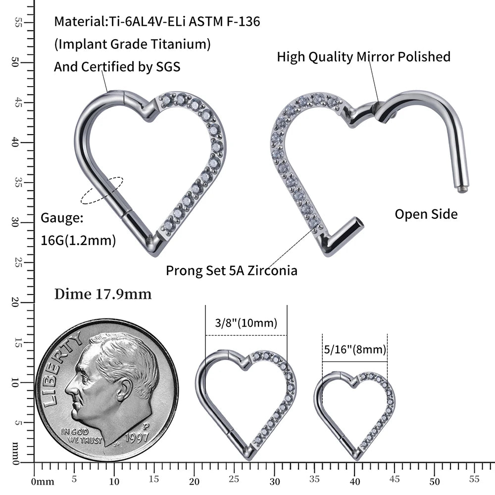 Right Grand ASTM F136 Titanium Daith Heart Hoop Earring – Hinged Segment Ring with Clear CZ for Cartilage, Tragus & Helix Piercing Jewelry