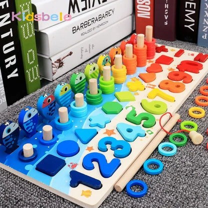 Montessori Math Learning Toy - Wooden Puzzle Fishing Game with Number Counting, Shape Matching & Sorting Activities for Toddlers