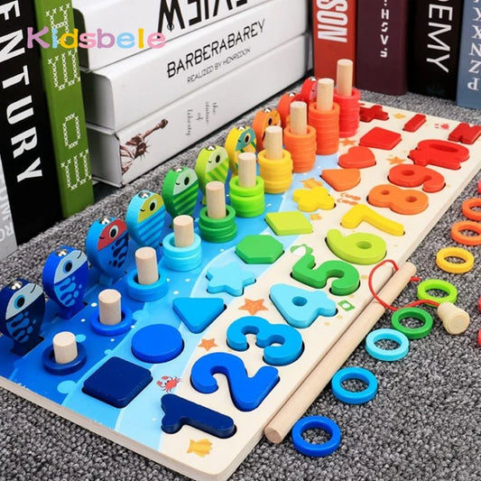 Montessori Math Learning Toy - Wooden Puzzle Fishing Game with Number Counting, Shape Matching & Sorting Activities for Toddlers