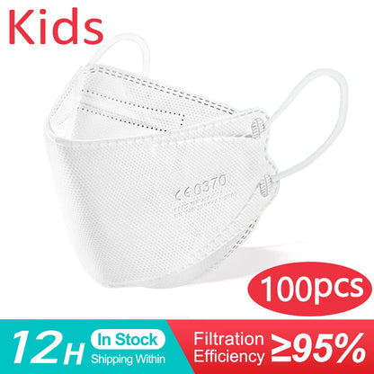 10-200PCS Kids KN95 FFP2 Face Masks — 4-Layer Protective Dustproof Masks for Boys & Girls Ages 6-14