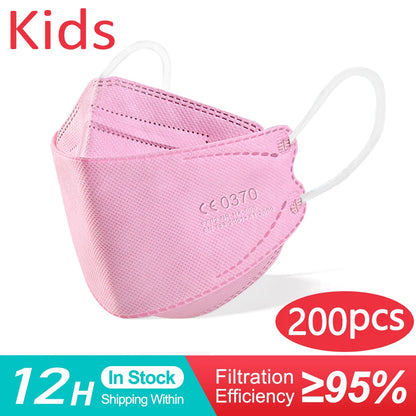 10-200PCS Kids KN95 FFP2 Face Masks — 4-Layer Protective Dustproof Masks for Boys & Girls Ages 6-14