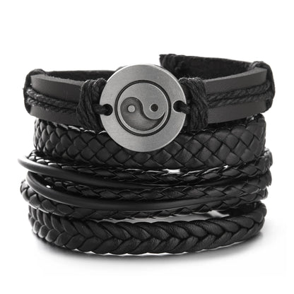 Men's Vintage Multilayer Leather Braid Bracelet - Handmade Star, Leaf & Owl Rope Wrap Bangle, Male Gift Jewelry