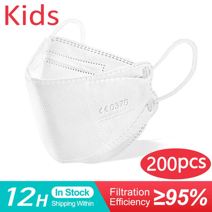 10-200PCS Kids KN95 FFP2 Face Masks — 4-Layer Protective Dustproof Masks for Boys & Girls Ages 6-14