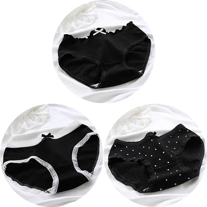 3 Pcs Women’s Cotton Panties Set - Seamless Soft Mid-Waist Black Briefs Skin-Friendly Female Lingerie Underwear