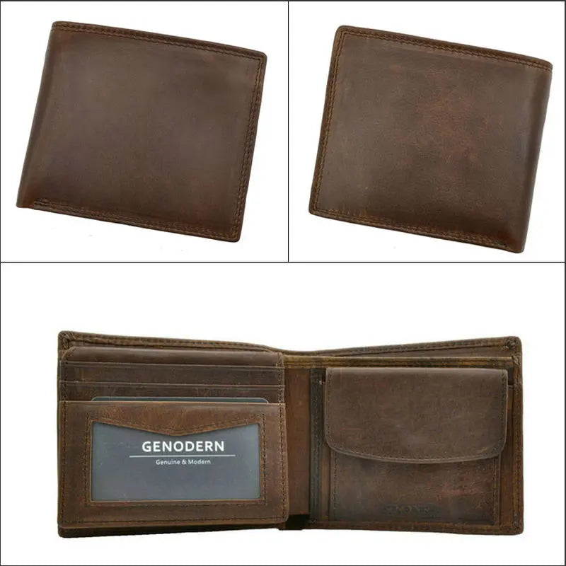 GENODERN Genuine Cow Leather Men’s Wallet with Coin Pocket – Vintage RFID Blocking Slim Male Purse Card Holder Leather Wallet