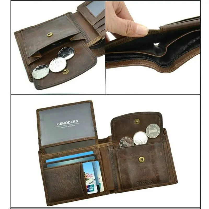 GENODERN Genuine Cow Leather Men’s Wallet with Coin Pocket – Vintage RFID Blocking Slim Male Purse Card Holder Leather Wallet