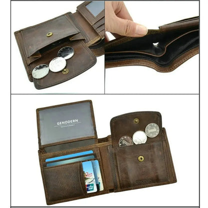 GENODERN Genuine Cow Leather Men’s Wallet with Coin Pocket – Vintage RFID Blocking Slim Male Purse Card Holder Leather Wallet