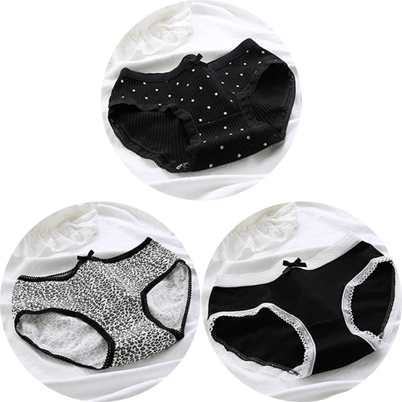 3 Pcs Women’s Cotton Panties Set - Seamless Soft Mid-Waist Black Briefs Skin-Friendly Female Lingerie Underwear