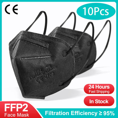 10-200PCS Black KN95 FFP2 Face Masks – CE Certified 5-Layer Non-Woven Reusable Adult Mascarillas