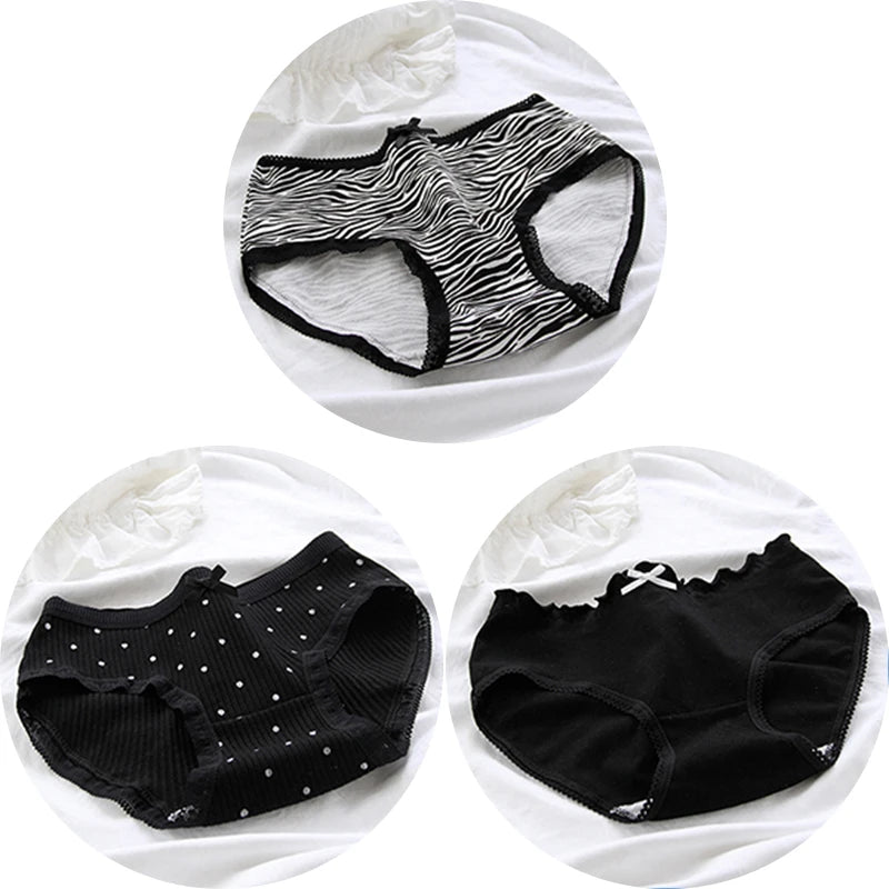 3 Pcs Women’s Cotton Panties Set - Seamless Soft Mid-Waist Black Briefs Skin-Friendly Female Lingerie Underwear