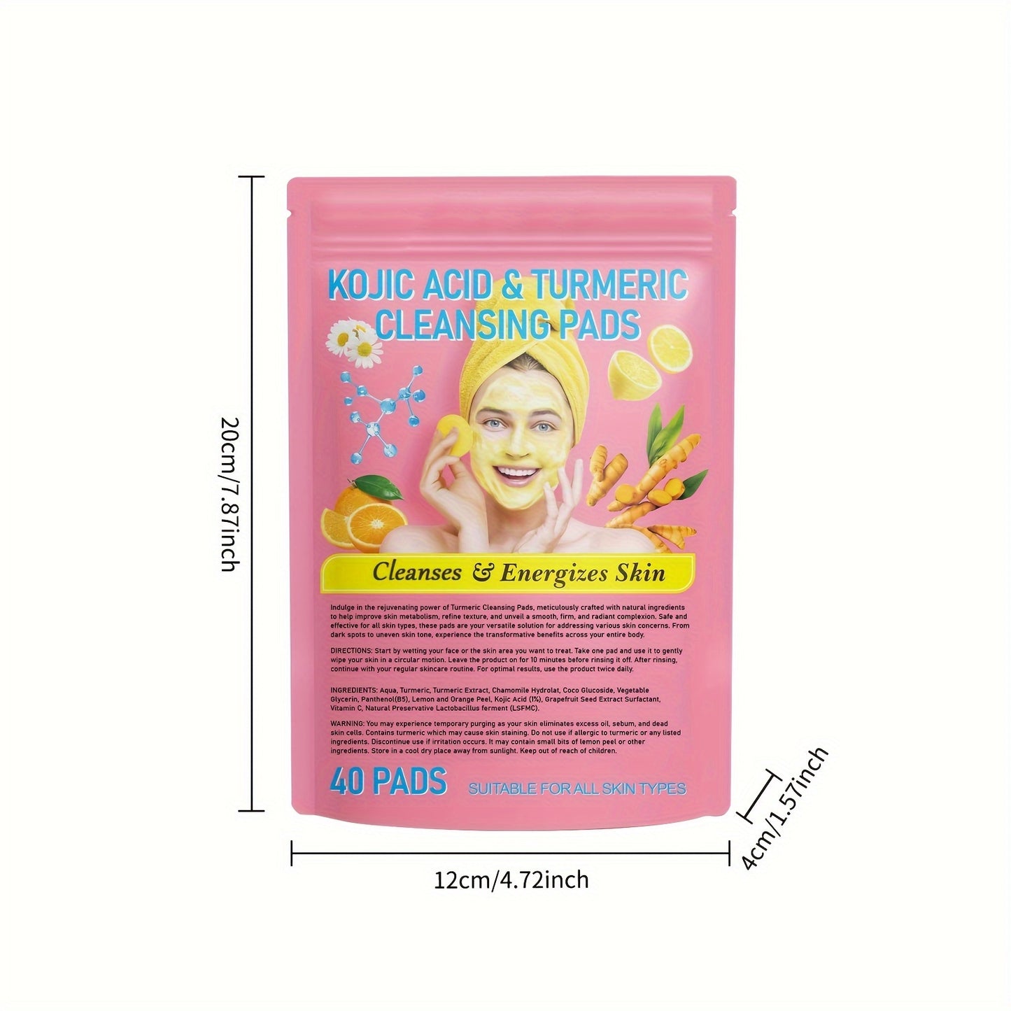 40 Pcs Natural Kojic Acid & Turmeric Cleansing Pads - Gentle, Non-Irritating, 100% Natural Ingredients | Deep Cleansing, Lemon Scented, Alcohol-Free, Suitable for All Skin Types and Genders