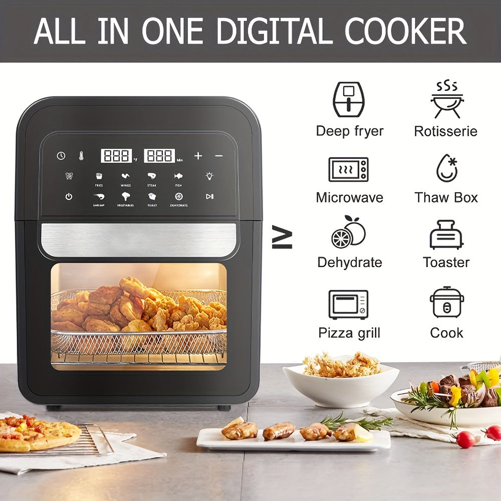 6.5 Qt Large Capacity 8-in-1 Air Fryer Toaster Oven Combo - LCD Touchscreen, Stainless Steel Rack and Non-Stick Basket - Healthy Cooking, Space-Saving Design - Black