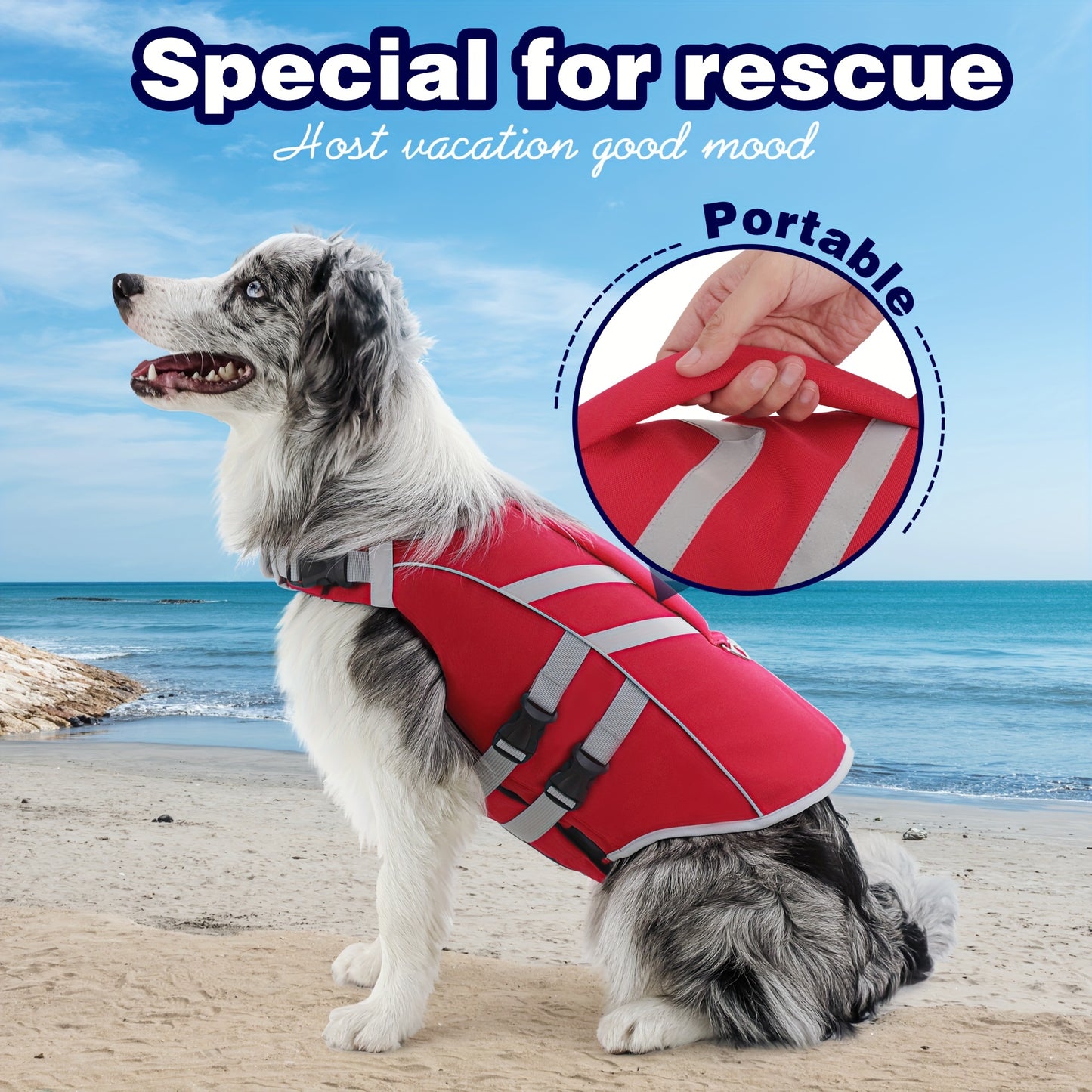 Water Safety Dog Life Jacket – Reflective and Adjustable Pet Flotation Vest with Handle and D-Ring, Polyester, Snap Button/Hook and Loop Closure – Hand Wash Only, for Small to Large Breeds