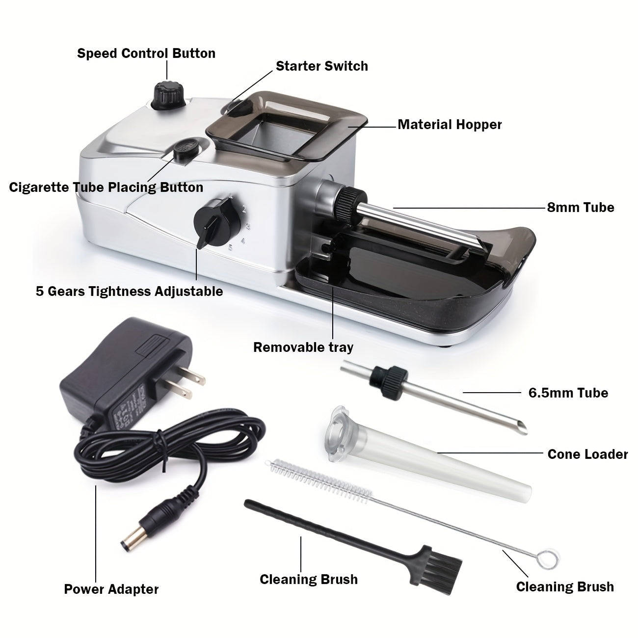3-in-1 Electric Pre Roll Machine – Automatic Tobacco Roller for 6.5mm & 8mm Tubes and Pre Roll Cones – Fast, Easy Rolling with Adjustable Speed and Compact Design