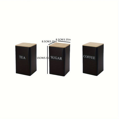 Set of 3 Square Metal Canisters with Wooden Lids – Tea, Sugar, and Coffee Storage
