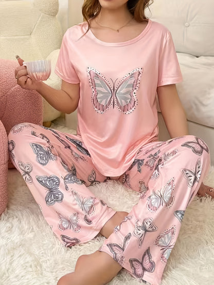 Charming Butterfly Print Pajama Set – Soft Round Neck Short Sleeve Top and Elastic Waist Pants – Women's Cozy Sleepwear for Relaxation, Lounging, and Travel