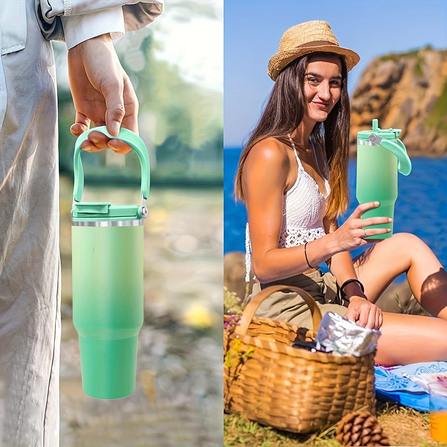 40oz Stainless Steel Roller with Portable Handle – Double Wall Vacuum Insulated with 2 in 1 Flip Straw Cover – Ideal for Hot and Cold Beverages, Sports, Outdoor Camping and Driving