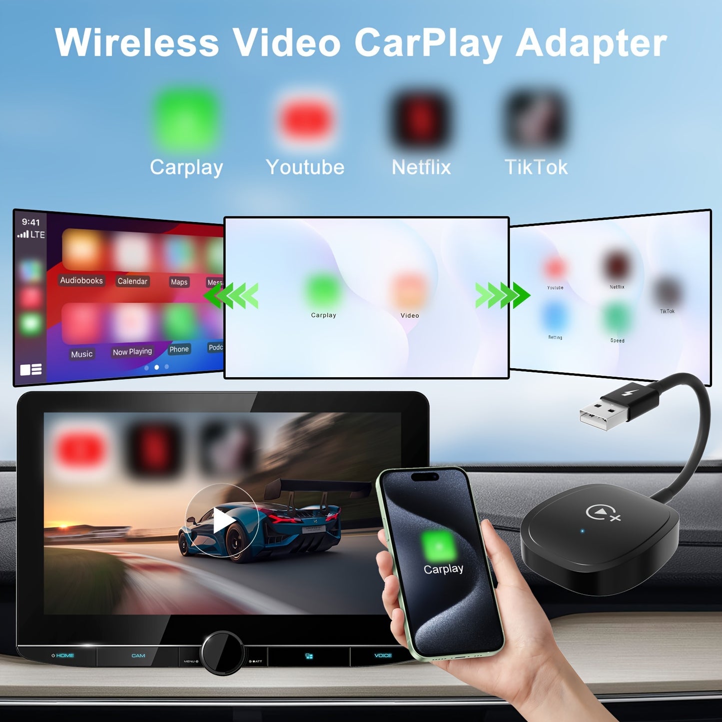 Portable Wireless CarPlay Adapter – Upgrade Wired to Wireless CarPlay, Plug and Play, Fast Connection for Videos, Music, Navigation, Phone Calls, Compatible with iPhone iOS 10+