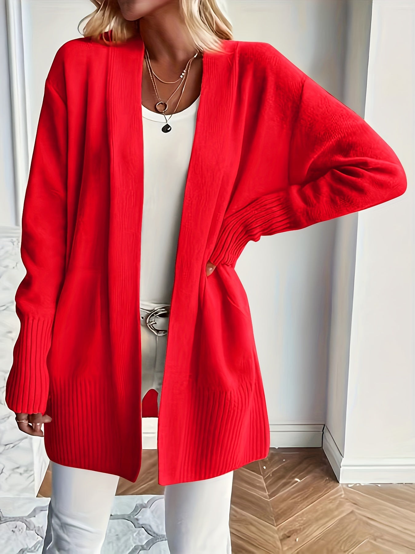 Solid Open Front Knit Cardigan - Casual Long Sleeve Loose Sweater with Pockets, Women's Clothing
