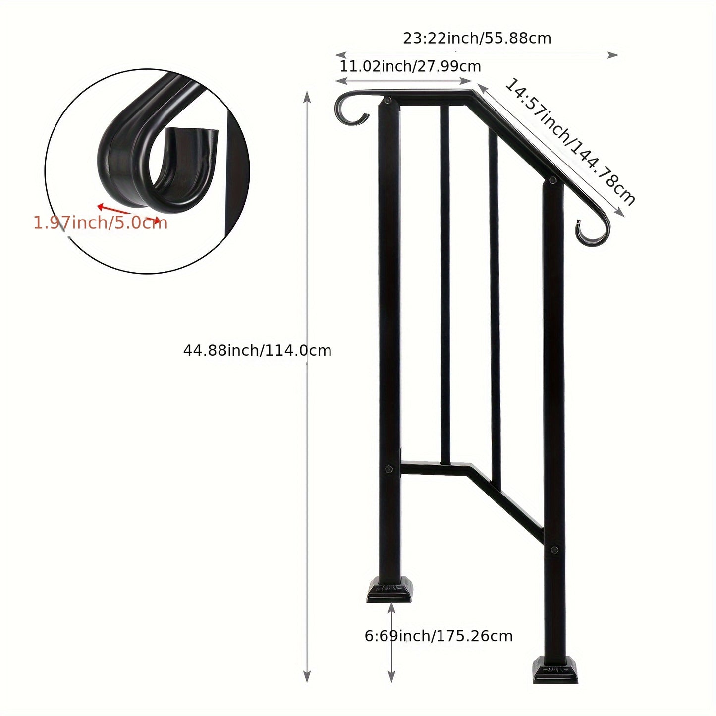 Single Tier Matte Black Iron Handrail – Durable Outdoor Stair Rail with Rust-Resistant Coating – Easy to Install & Assemble – Ideal for Home, Garden, or Commercial Use