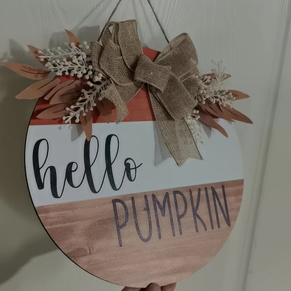 Rustic Wooden Hello Pumpkin Sign – Round Autumn Door Hanger with Bow and Foliage for Fall Harvest Home Decor