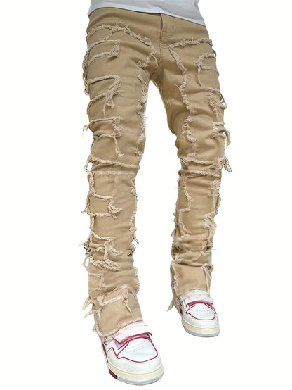 Creative Tassels Decoration Straight Fit Jeans - Men's Casual Medium Stretch Street Style Denim Pants for All Seasons