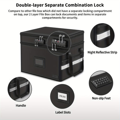Fireproof Document Box with Lock - 2 Layer File Storage Organizer with 5 Tabs and Insert, Portable Cabinet with Handle for Letter/Legal Size Folders and Certificates
